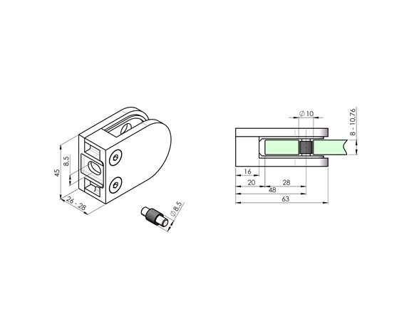 Pince à verre 63x45x28 mm V2A pour connexion plate | caoutchouc 10,76 mm verre