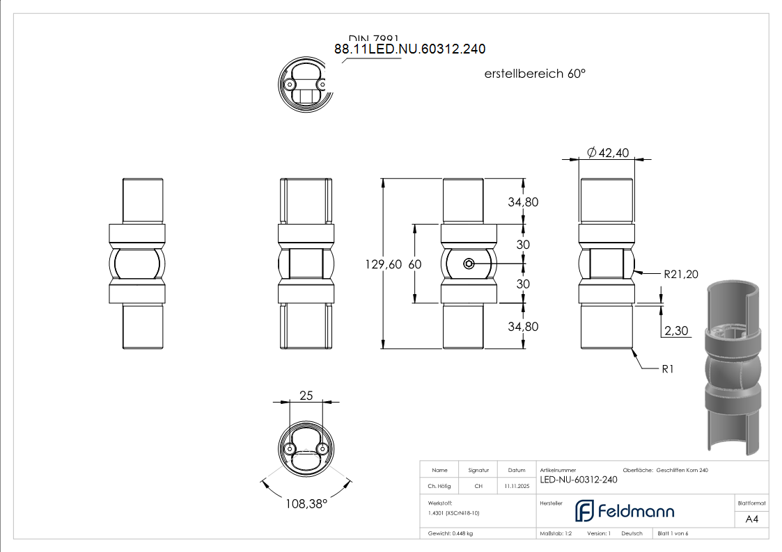 Gelenkverbinder V2A Ø 42-4 mm fuer LED-Nutrohr 120-180° schwenkbar-88-11LED-NU-60312.240