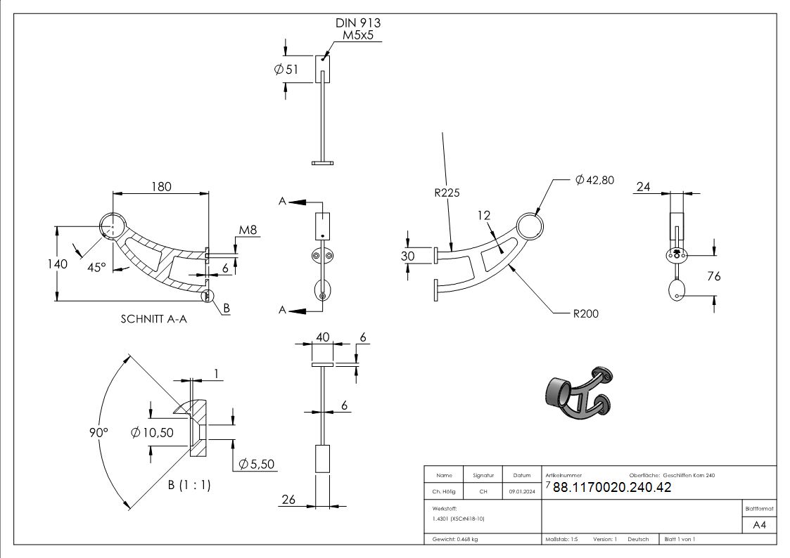 Support de repose-pieds / main courante, pour tube 42,4mm, V2A