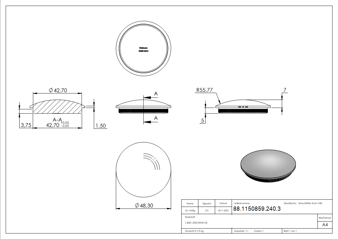 Bouchon, pour tuyau 48,3 x 3,0mm, V2A
