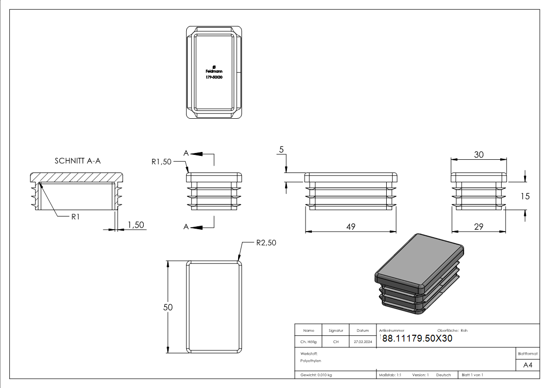Bouchon en plastique pour tube rectangulaire 50x30mm