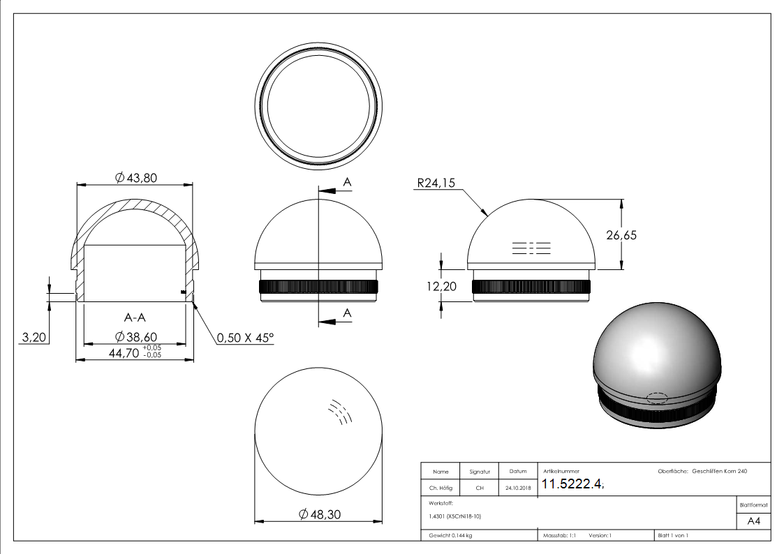 Bouchon semi-circulaire V2A coulé pour Ø 48,3x2,0 mm