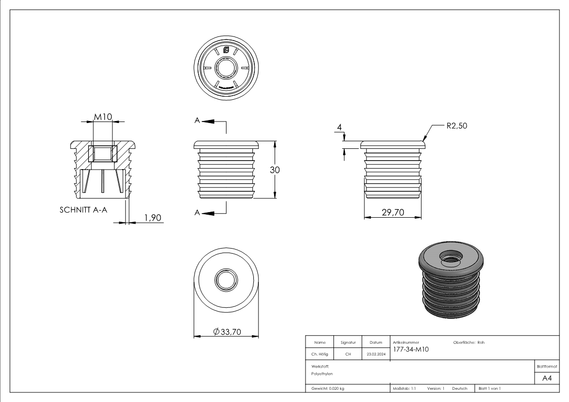 Capuchon en plastique pour tube rond 33,7mm avec M10