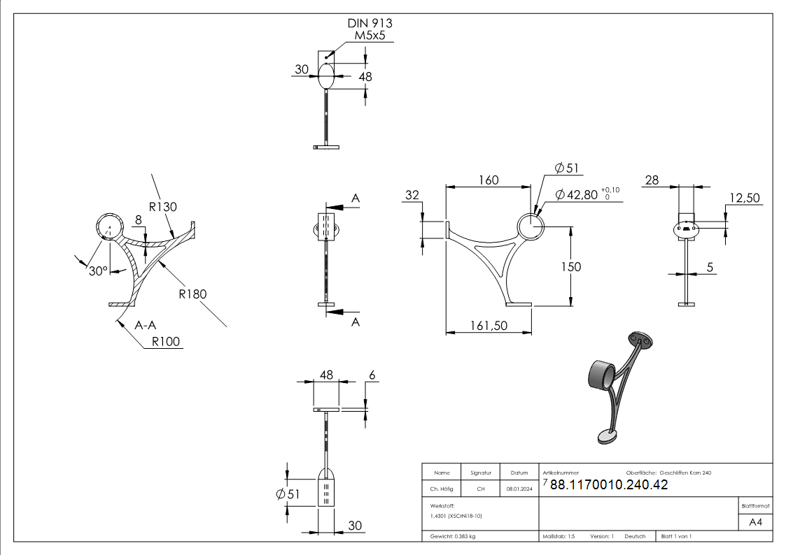 Repose-pieds, pour tube 42,4mm, V2A