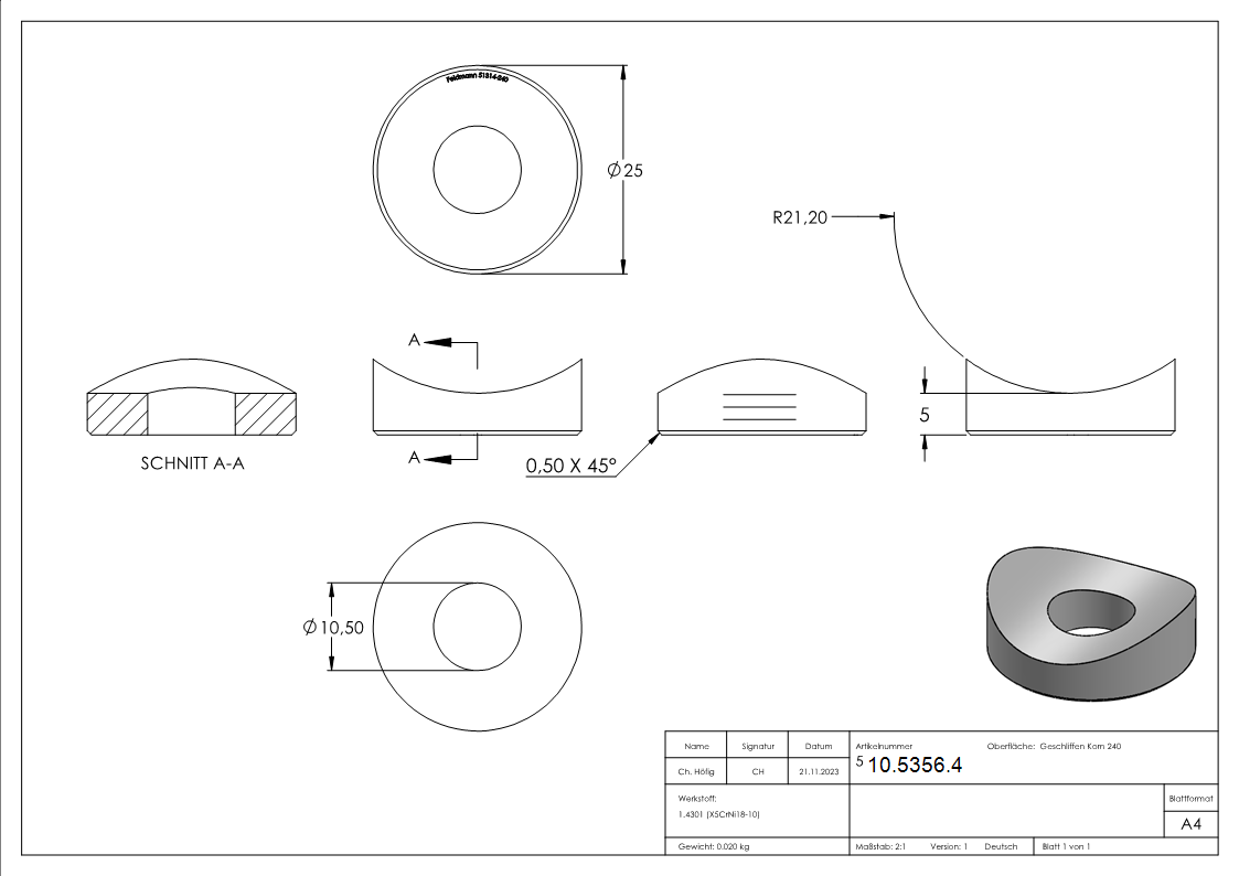 Ausgleichsstueck Ø 25 mm fuer Rundrohr Ø 42-4 mm V2A-10-5356.4