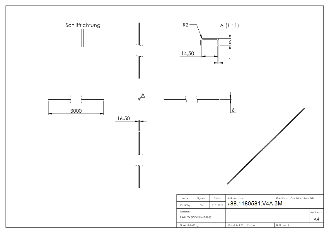 Kantenschutz EXTRA SLIM- fuer Glas 12-00 - 13-52mm- L=3m- Edelstahl V4A-88-1180581-V4A.3M