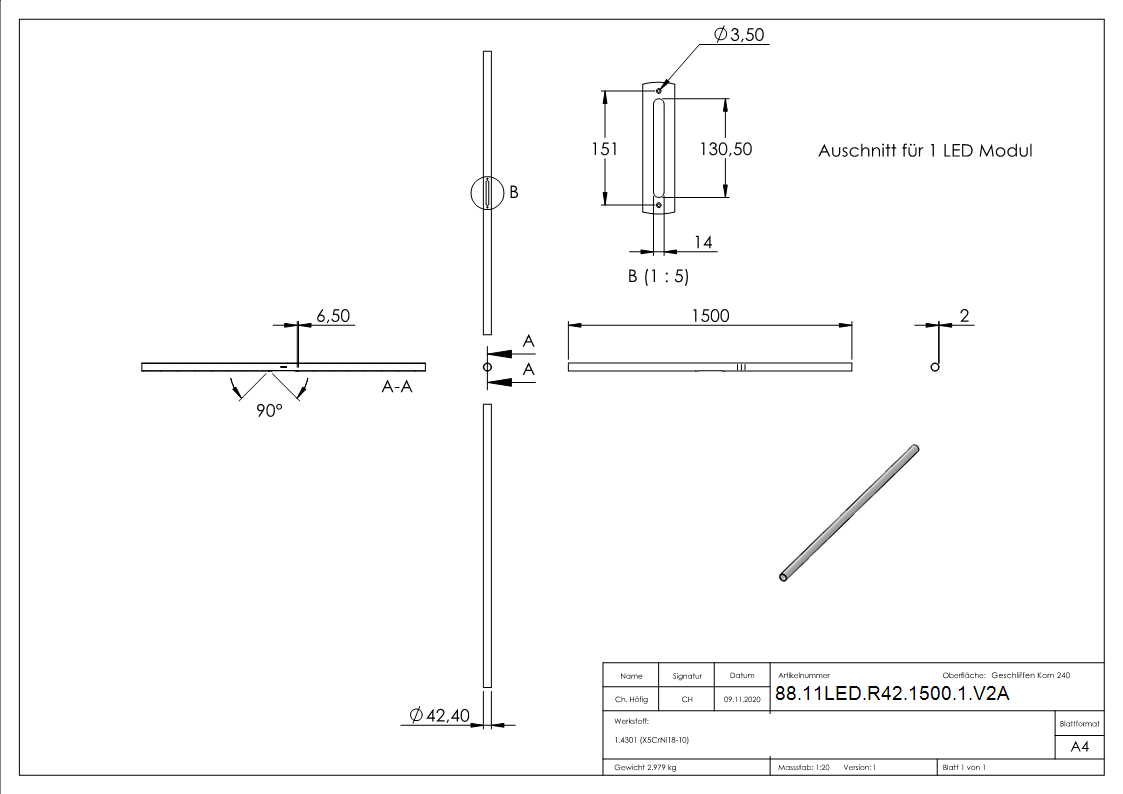 Handlaufrohr V2A 42-4 x 2-0 mm 1500 mm fuer LED Module geschliffen-88-11LED-R42-1500-1.V2A