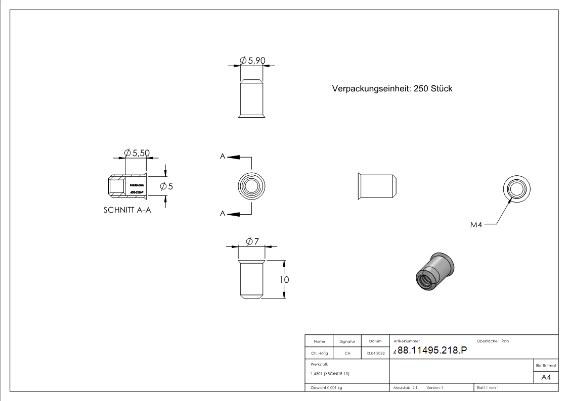 Ecrou pour rivet aveugle, V2A, M4/trou 6mm, UE avec 250 pièces