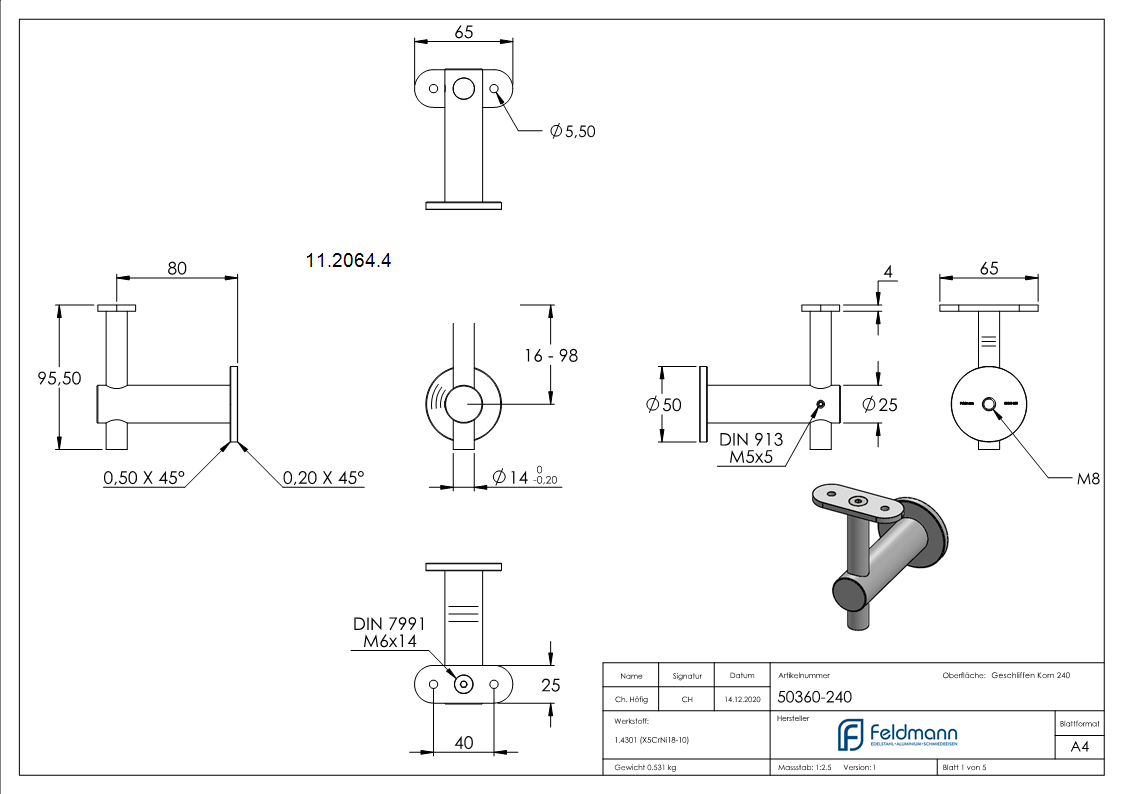 Handlaufhalter fuer Wand-Mauer mit Halteplatte fuer flachen Anschluss V2A-11-2064.4