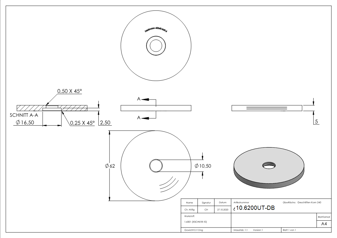 Glaspunkthalter-Unterteil Ø 62 mm- V2A- Hoehe- 5 bis 50 mm-10.6200UT-DB