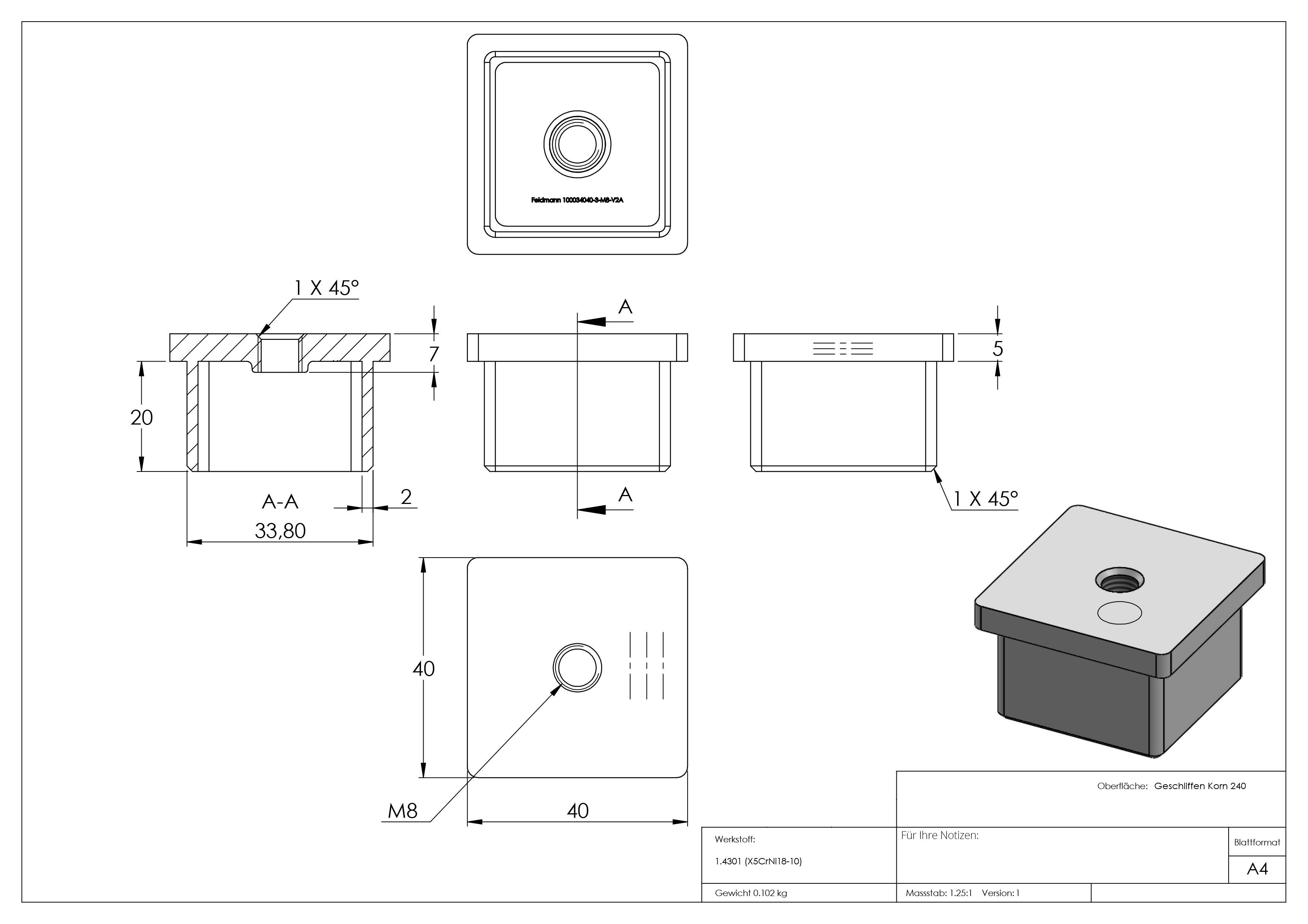 Capuchon d'insertion pour le collage | avec filetage : M8 | pour tube : 40x40x3 mm | V2A