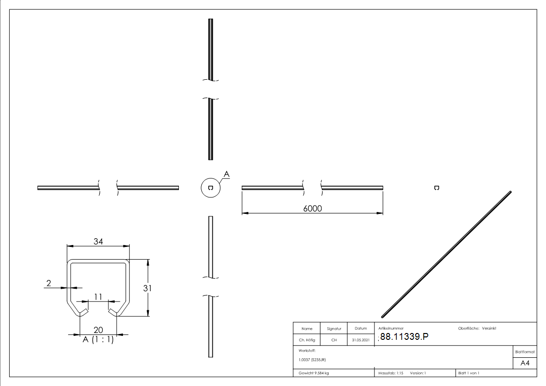 Rail de roulement pour portes basculantes, petit, longueur 6000mm