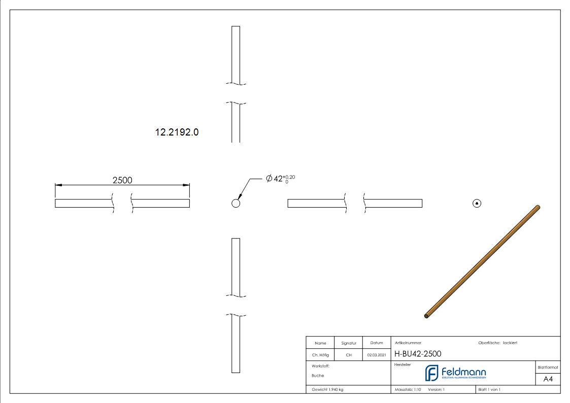 Holzhandlauf Buche- D=42mm- Laenge 2500mm-12-2192.0