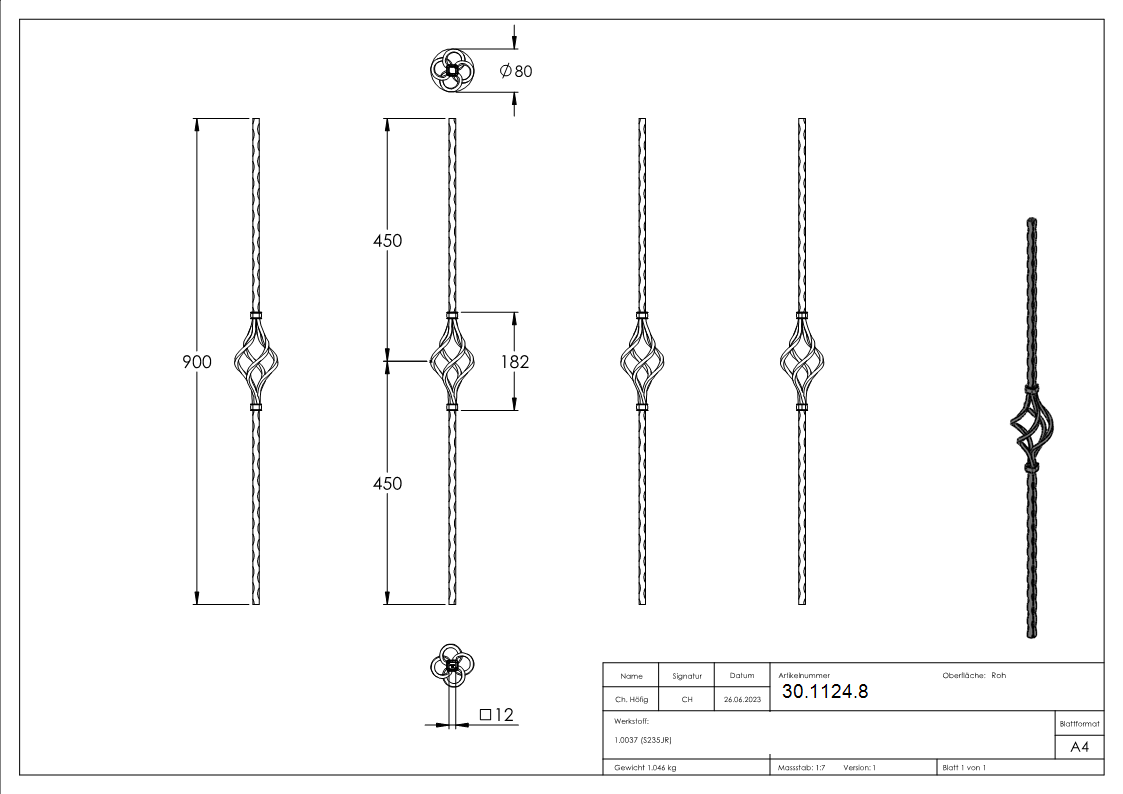 Zierstab - Laenge- 900 mm - Material- 12x12 mm gehaemmert - Stahl S235JR- roh-30-1124.8