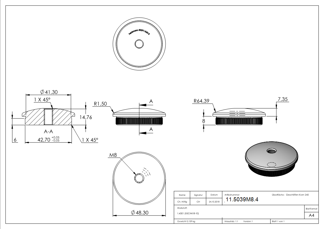 Einsteckkappe Edelstahl V2A fuer Rohr Ø 48-3x3-0 mm mit M8 Gewinde gewoelbt-11-5039M8.4