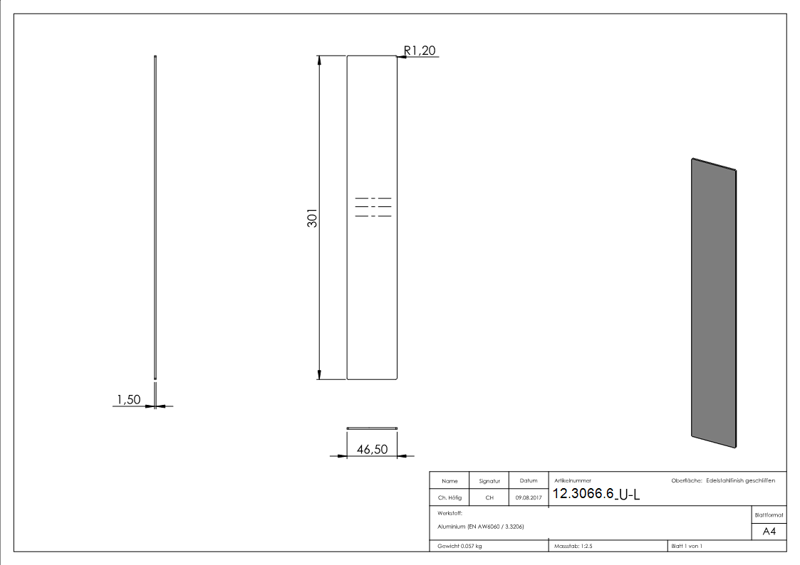 Embout | pour garde-corps tout verre | pour pente jusqu'à 41° | dimensions : 301x46,5x1,5 mm | aluminium