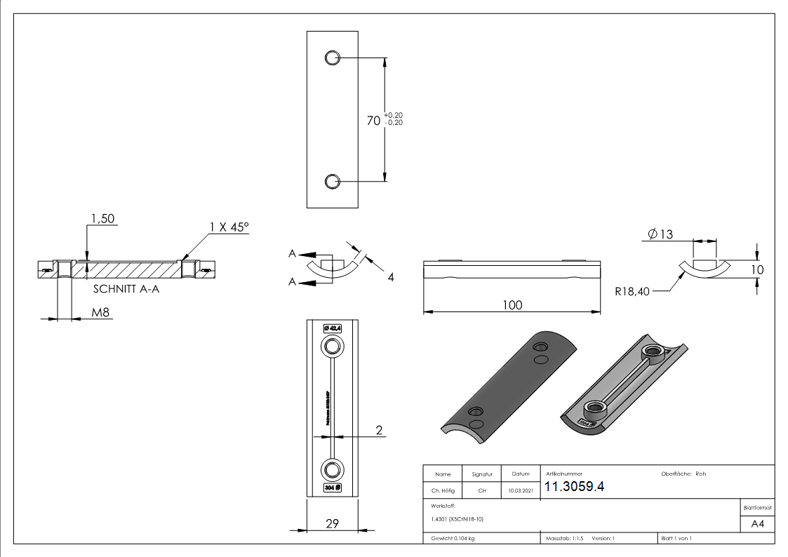 Plaque de renforcement V2A pour no. d'art. 11.3057.4
