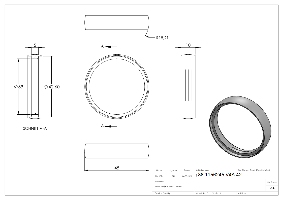 Anneau pour tube 42,4mm, V4A