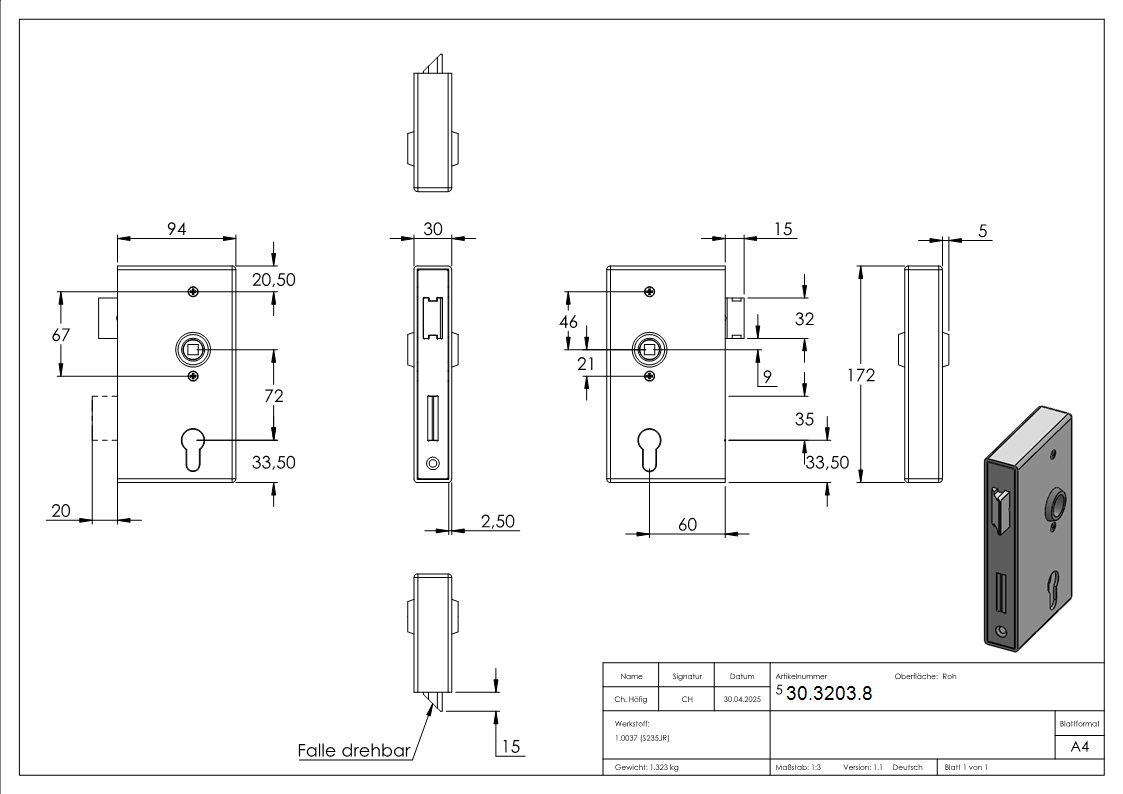 Einsteckschloss Edelstahl 30x94-5x172 mm geschliffen verzinkt-30-3203.8