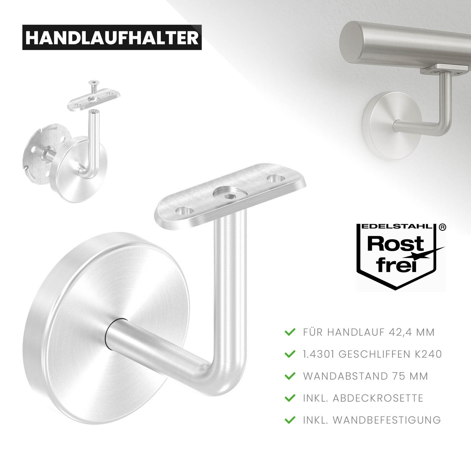 Handlaufhalter aus Edelstahl V2A – fuer Ø 42-4 mm Handlauf - mit Halteplatte zum Anschrauben-11-2081-A.4