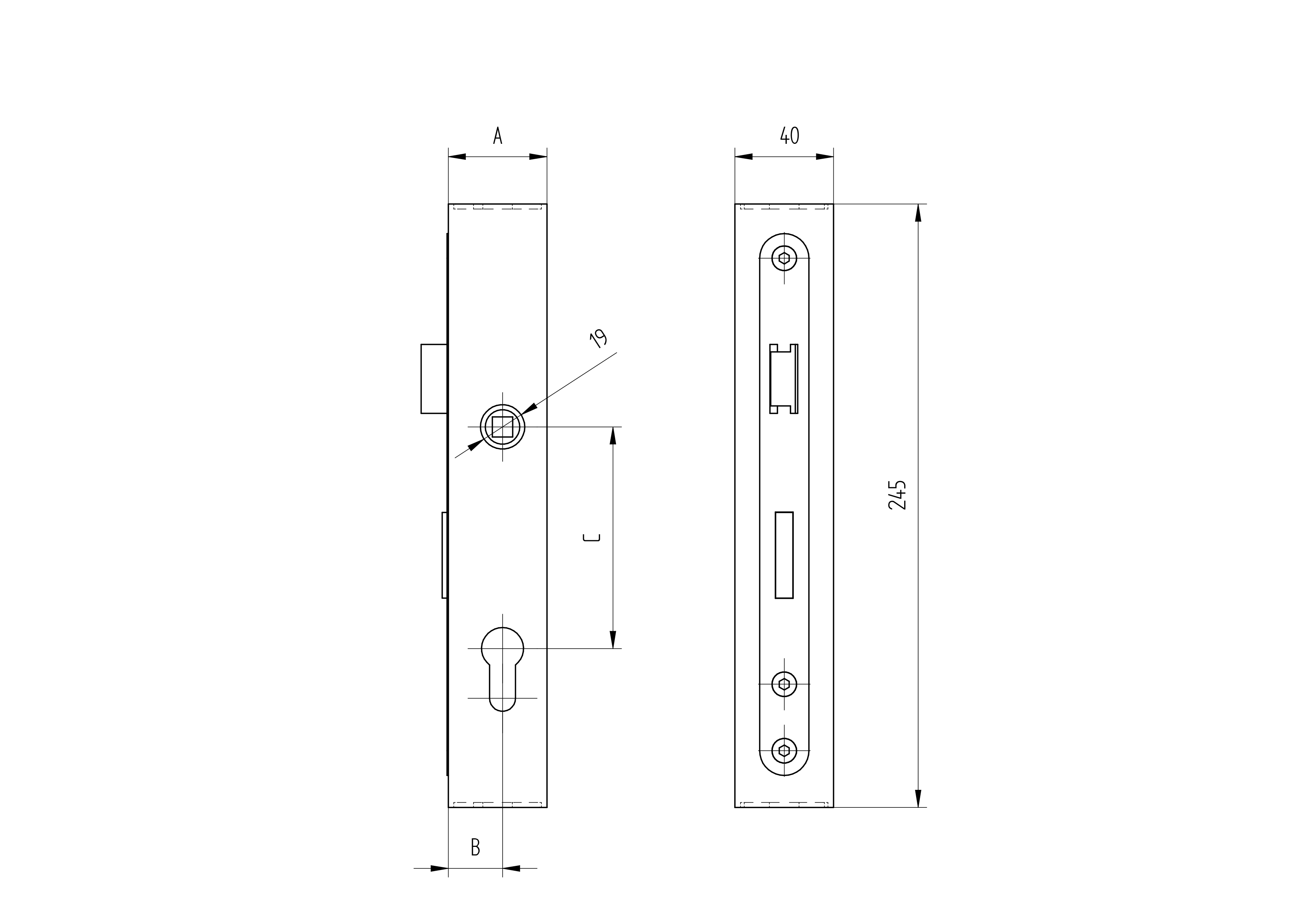 Schlosskasten-Set Stahl fuer 40x40 mm Profile- ohne Griff- roh-89-11B16040X40-A.4