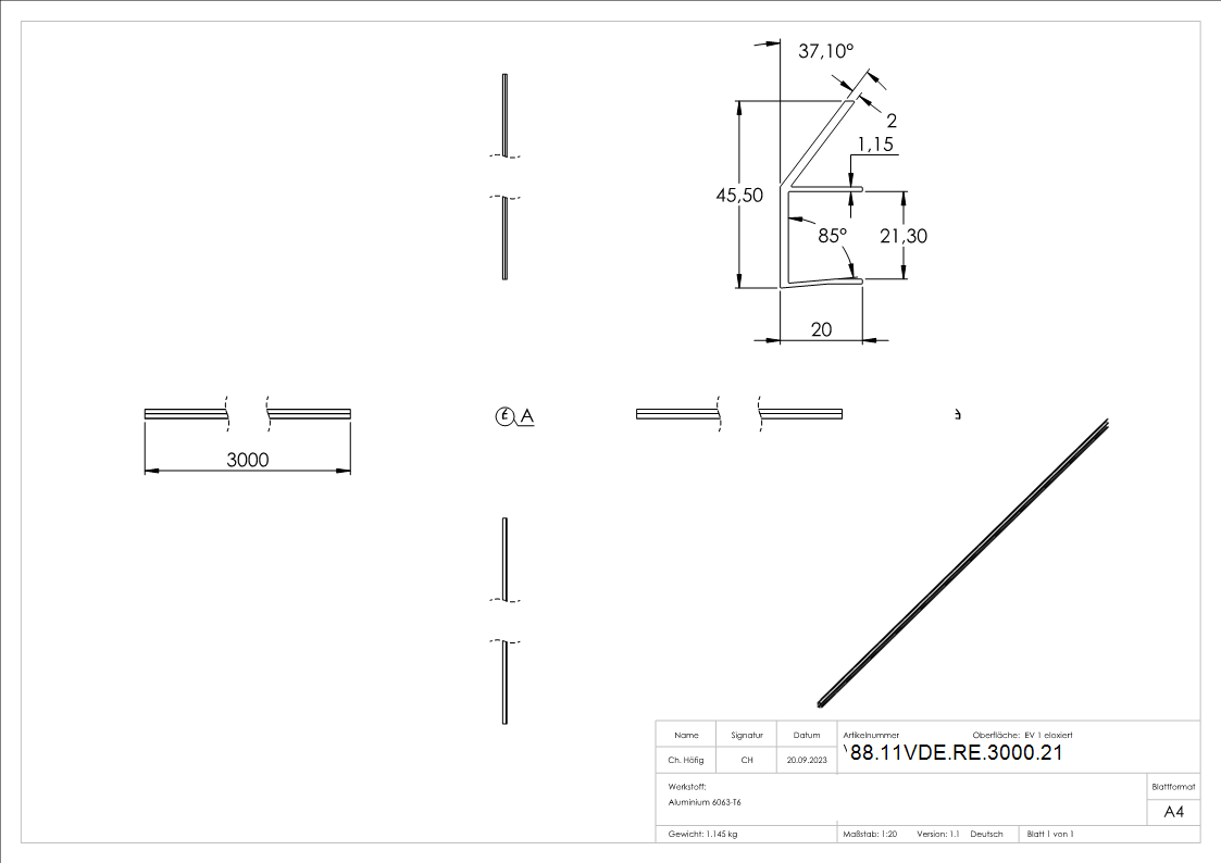 Regenrinne fuer Vordaecher- Glas 21-52mm- L=3000mm- E4-EV1-88-11VDE-RE-3000.21