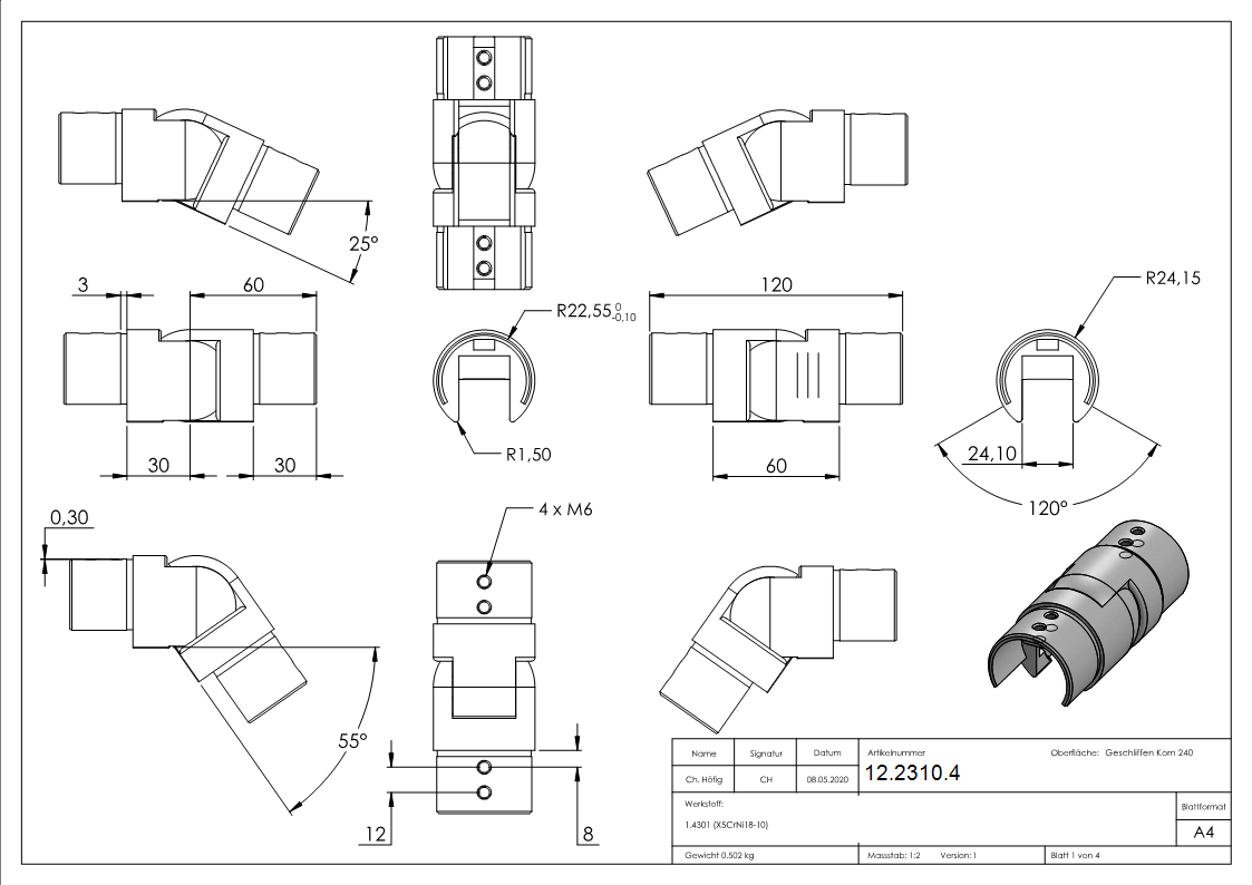 Verbinder flexibel - abwaerts 25-55° - fuer Nutrohr Ø 48-3 mm - V2A-12-2310.4