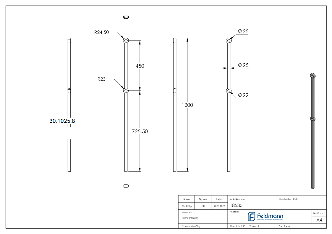 Anfangsstab Pfosten Laenge- 1200 mm Material- Ø 25 mm Stahl S235JR- roh-30-1025.8