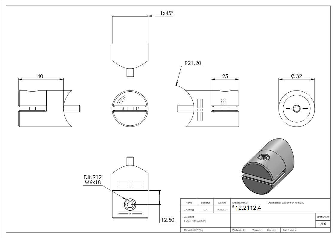 Blechhalter - Plattenhalter Ø 32 mm Edelstahl V2A – Anschluss 42-4 mm inkl- Schrauben - Gummieinlage-12-2112.4