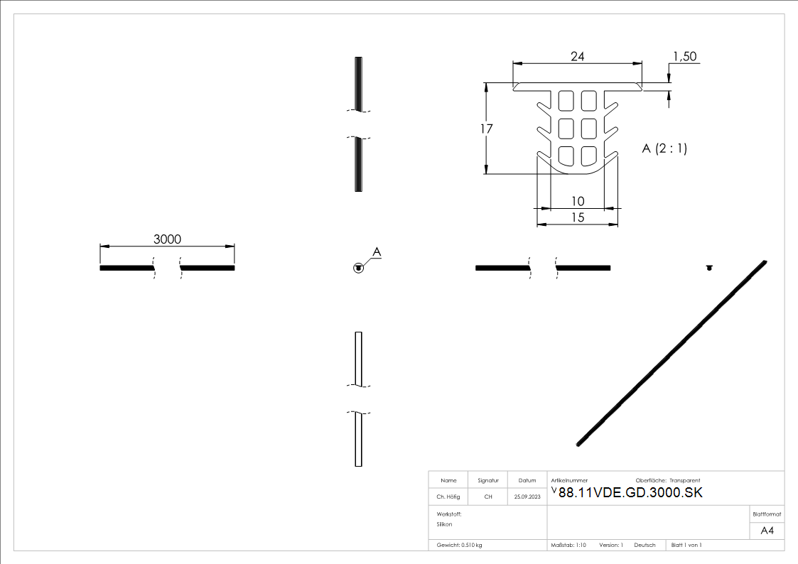 Zwischendichtung Silikon L=3000 mm fuer Glas 17-52–21-52 mm Spaltmass 12 mm-88-11VDE-GD-3000.SK