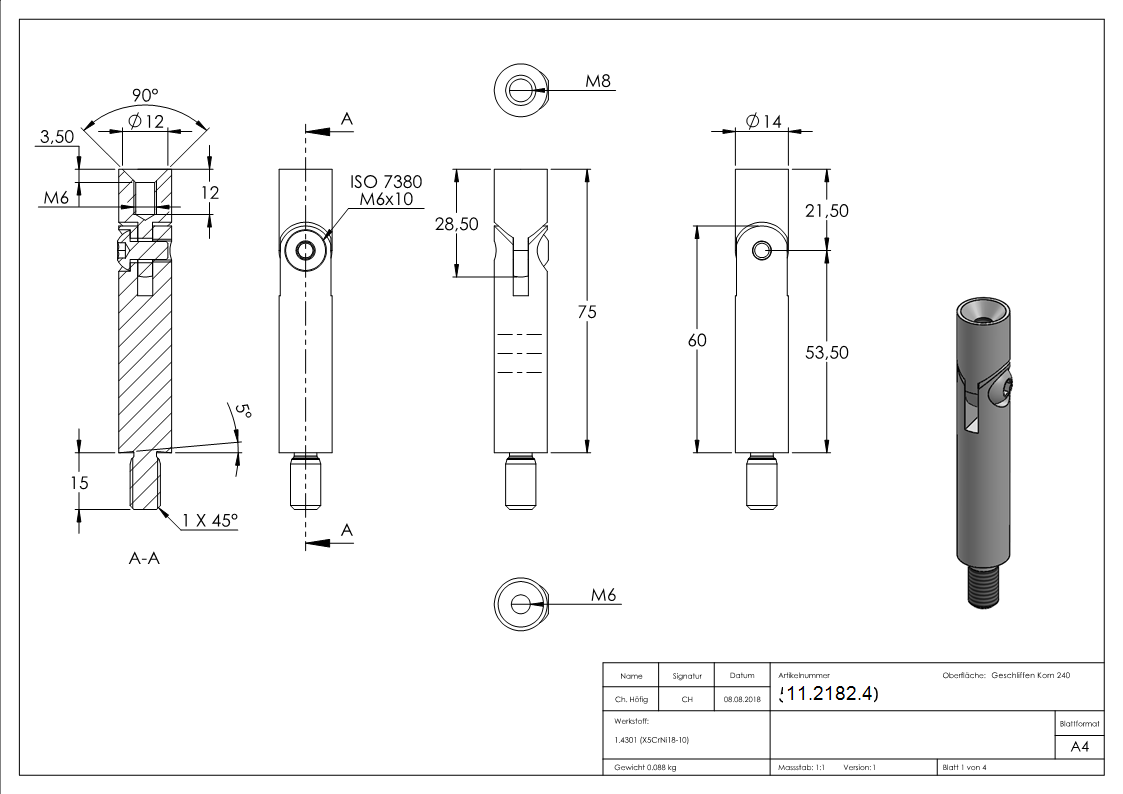 Goupille - dimensions : 76x14 mm | avec joint | filetage extérieur - et intérieur | V2A