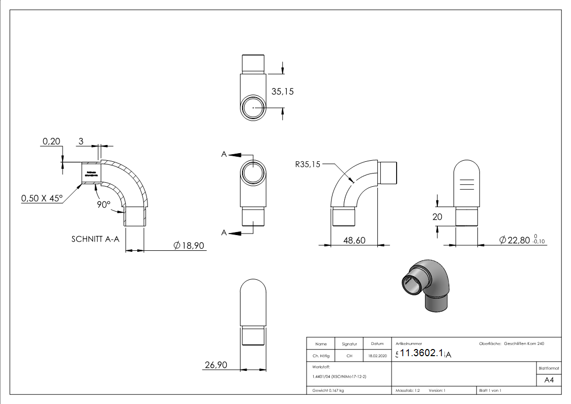 Coude 90° rond, pour tube rond Ø 26.9x2.0 mm V4A