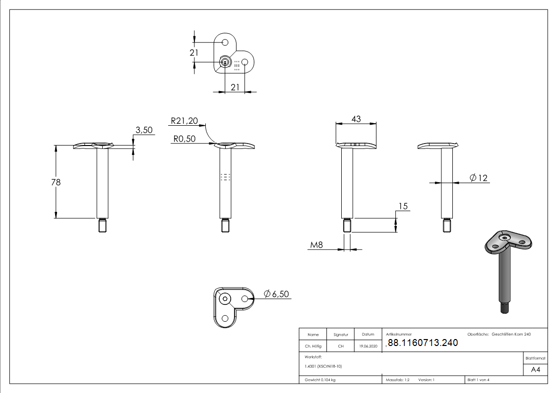 Broche Ø 12mm avec plaque de maintien à 90° 42.4mm, V2A