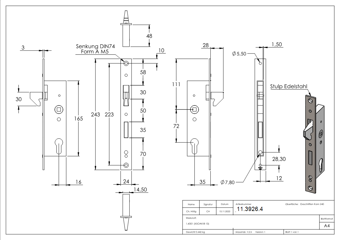 Rohrprofilschloss mit Hakenfalle - Dornmass- 35 mm - Stahl -verzinkt- S235JR-11-3926.4