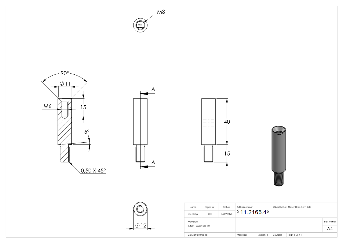 Broche - dimensions : 40x12 mm | avec filetage extérieur et intérieur | V2A
