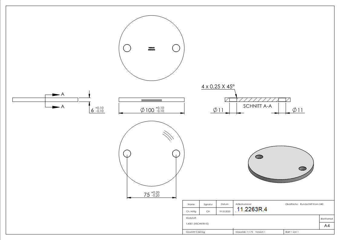 Ankerplatte Ø 100 x 6 mm mit 2 Bohrungen á Ø 11 mm V2A-11-2263R.4