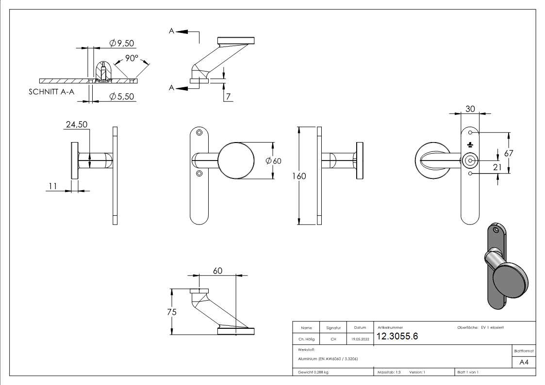 Alu-Tuerknopf - mit Alu-Kurzschild - Aluminium EV1-12-3055.6