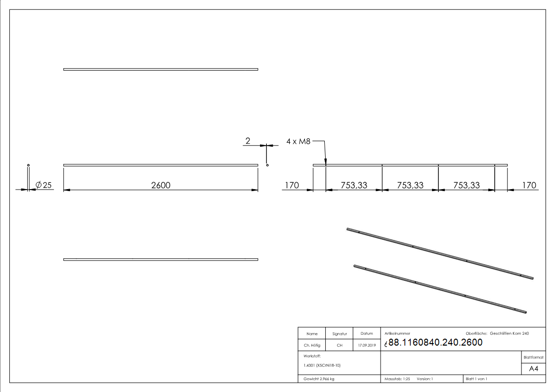 Laufschiene V2A 25-0x2-0 mm 2600 mm fuer Glasschiebetueren 4x M8 Gewinde-88-1160840-240.2600