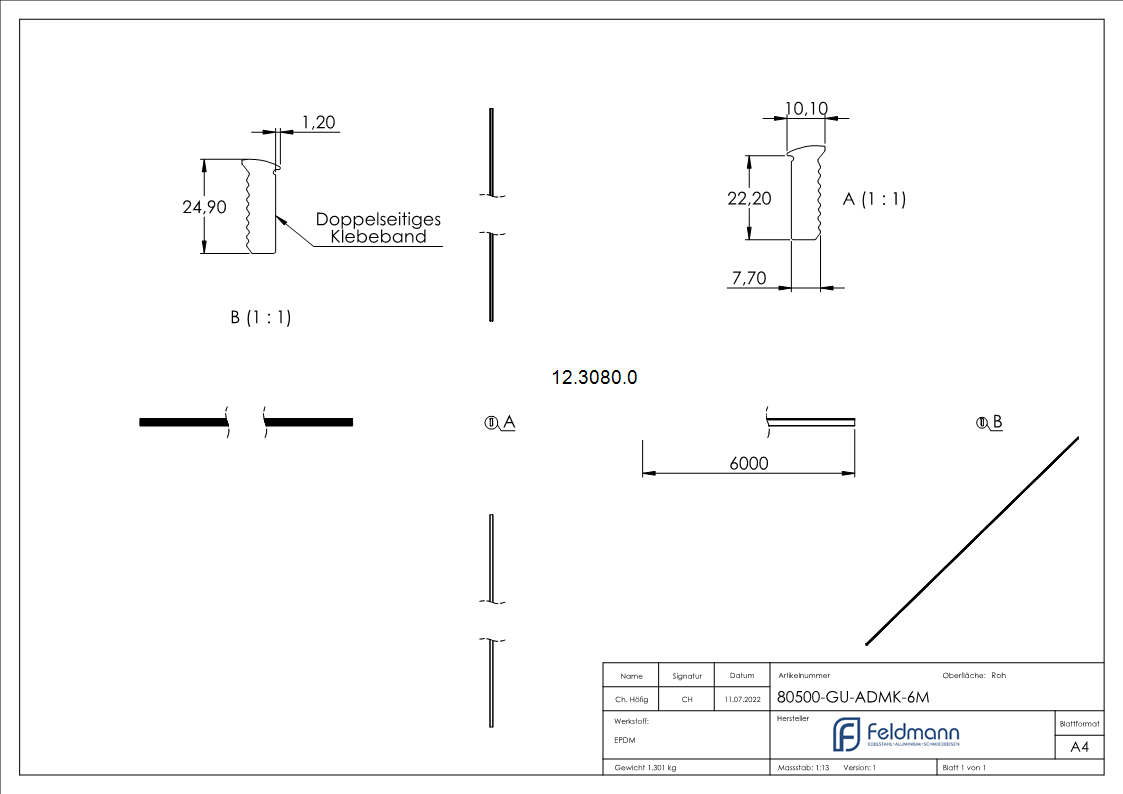 Abschlussdichtung - fuer Glas- 12-76-13-52 mm - fuer Profil-Aussenseite - mit doppelseitigem Klebeband - Kautschuk - 6 Meter-12-3080.0