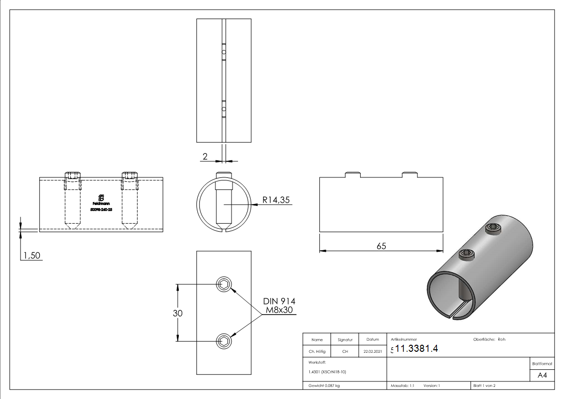 Rohrverbinder V2A fuer Rohr Ø 33-7 mm- L 65 mm mit Klemmschrauben-11-3381.4