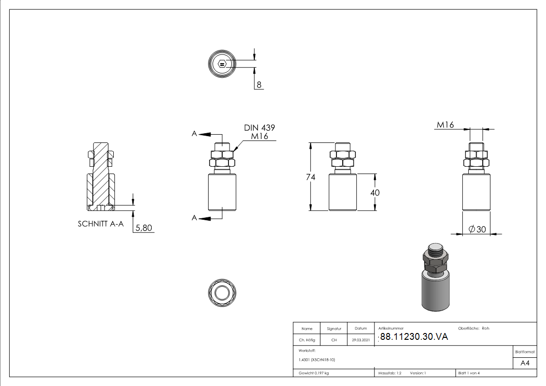 Rouleau de guidage, Ø 30mm, V2A
