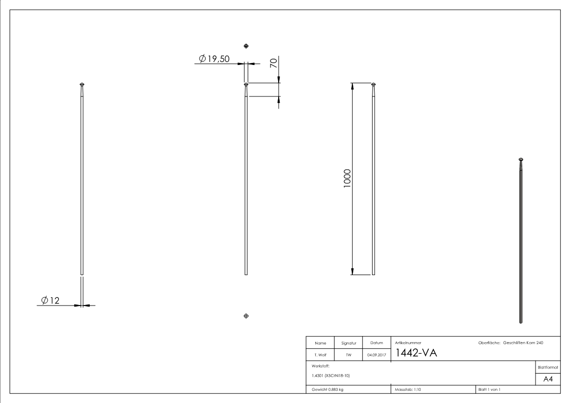 Tige décorative, design Gruber, longueur : 1010mm, V2A