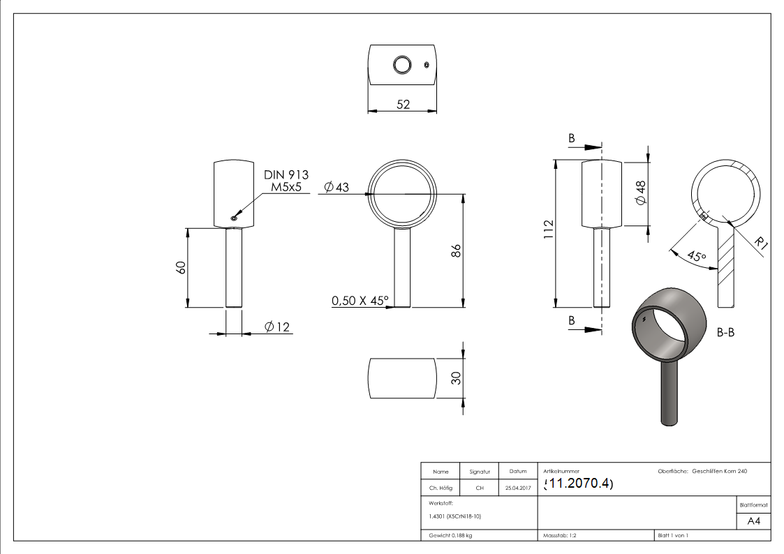 Anneau de support de main courante pour tube rond Ø 42,4 mm V2A