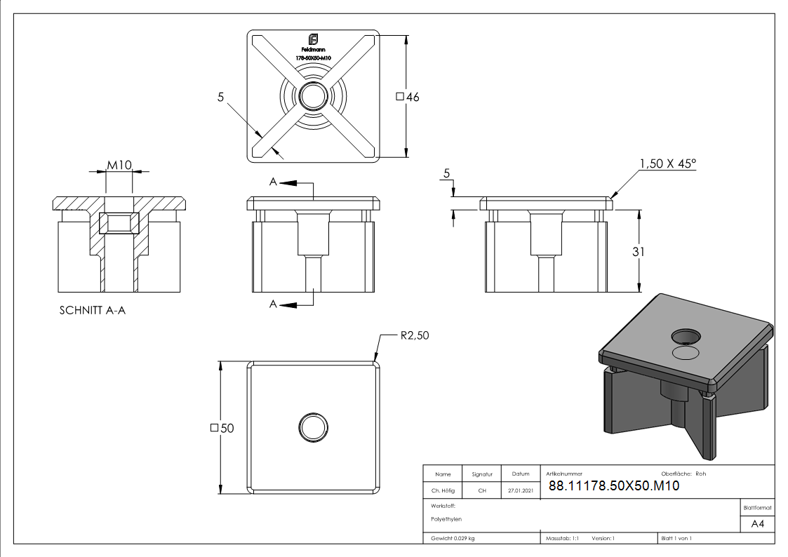 Capuchon en plastique pour tube carré 50x50mm avec M10