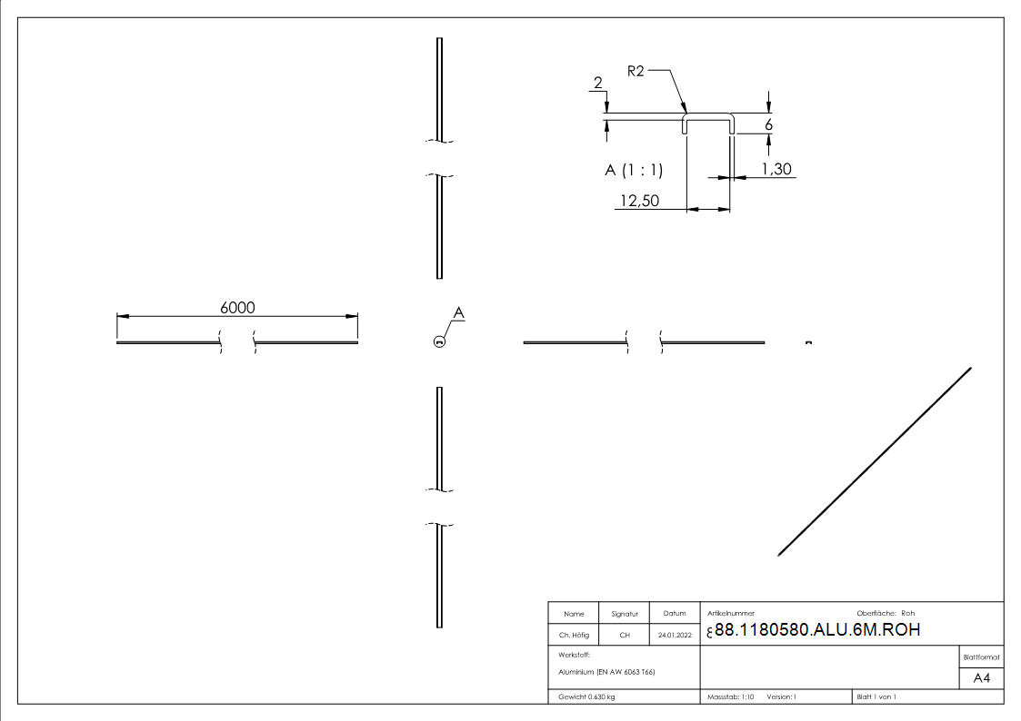 Kantenschutz EXTRA SLIM- fuer Glas 10-00 - 11-52mm- L=6m- Aluminium roh-88-1180580-ALU-6M.ROH
