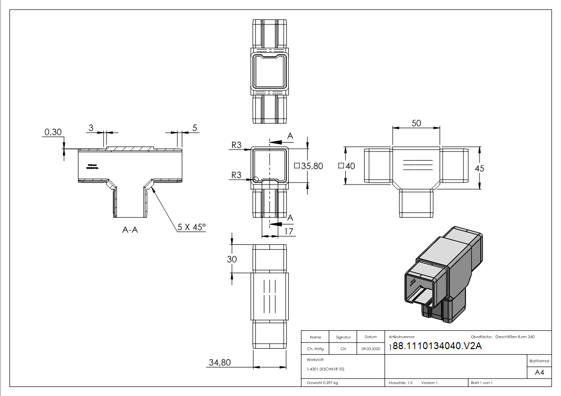 Connecteur pour tuyau 40x40x2mm, V2A