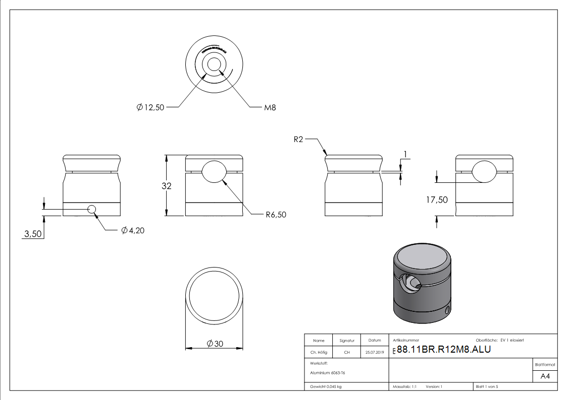 BRENK-fix® Grundhalter fuer Staebe Ø 12mm- ALU-88-11BR-R12M8.ALU
