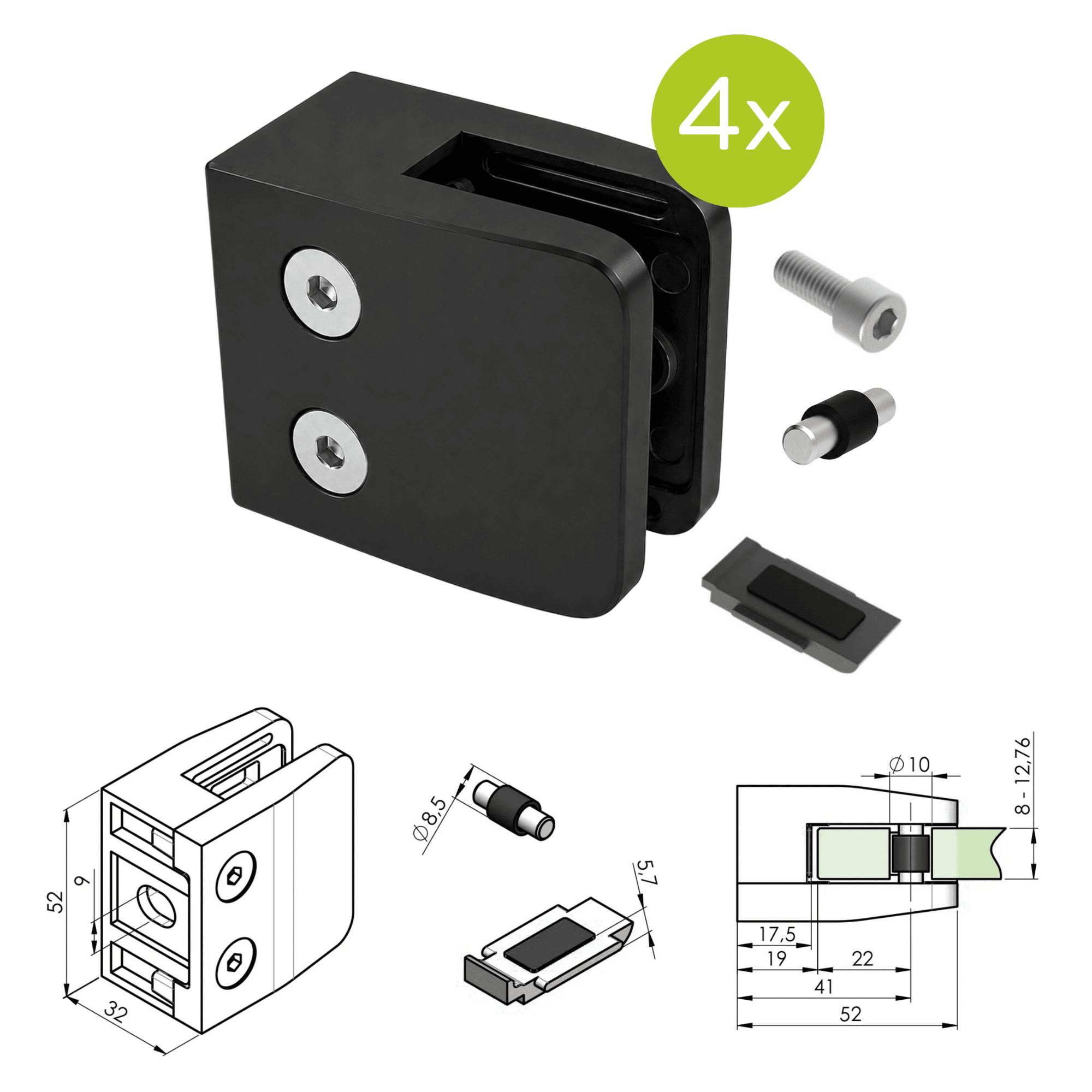 Glasklemme V2A fuer 8 - 12-76 mm Glas Flachanschluss schwarz 4er Set-89-11ABL2600000SET4-A.4