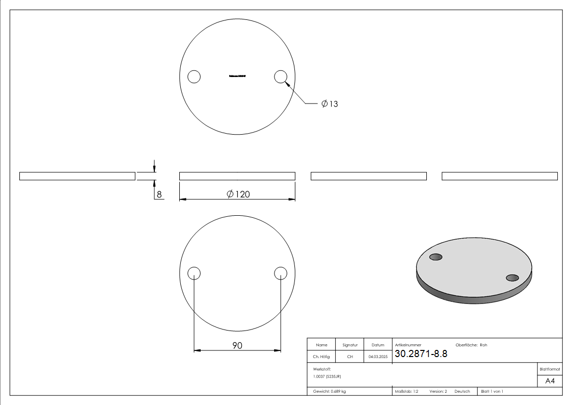 Ankerplatte 120x8 mm 2 Bohrungen -  Stahl roh-30-2871-8.8