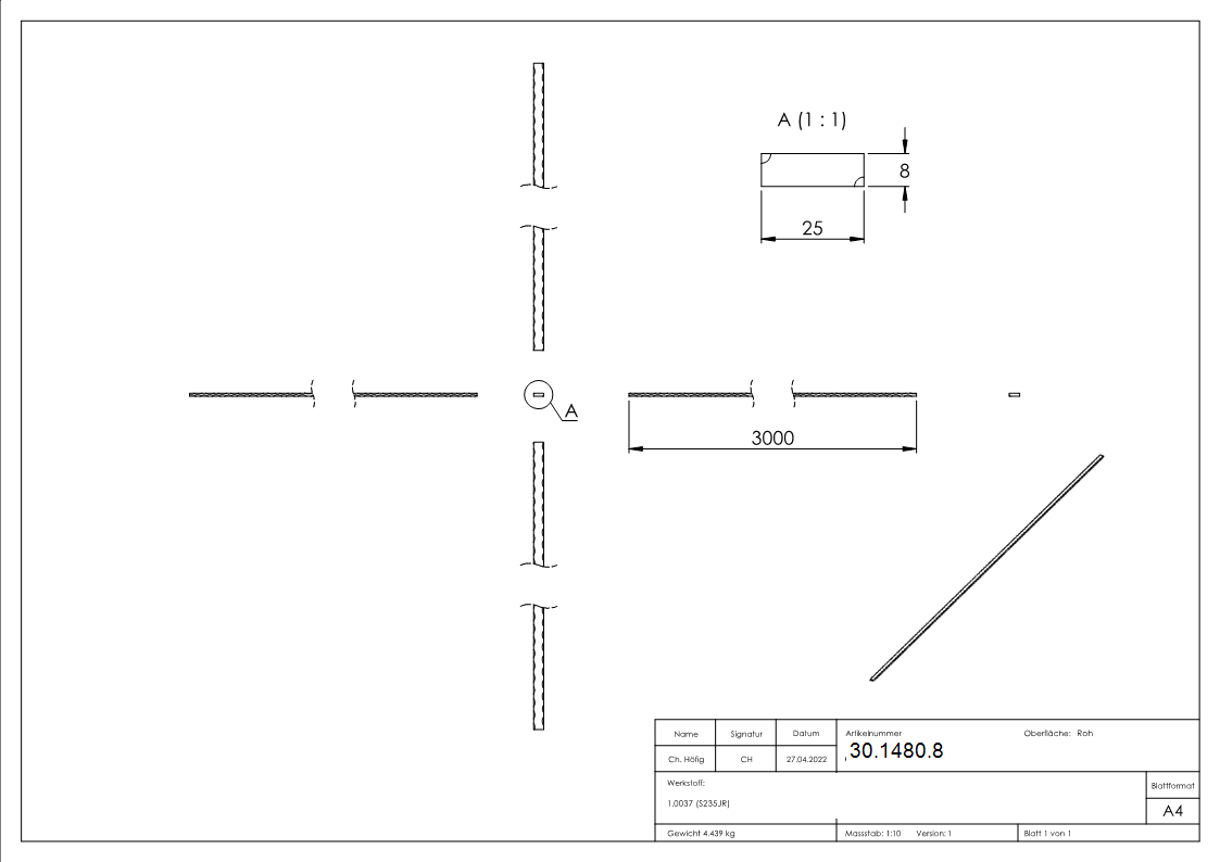 Flacheisen 25x8 mm Kanten gehaemmert 3000mm Schmiedeeisen Antik-30-1480.8